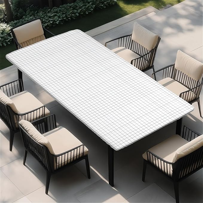 Rectangle Table Cloth Cover Waterproof Elastic Fitted Polyester Fitted Tablecloths for 6 Foot Tables for Indoor,Picnic, Camping, Outdoor （72" x 30"，White Grid）