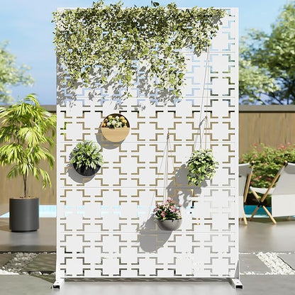 Casaphoria Metal Privacy Screen Outdoor, 72" H x 47" W Freestanding Decorative Privacy Screen for Patio Deck Balcony Garden with Stable Base, White Brick