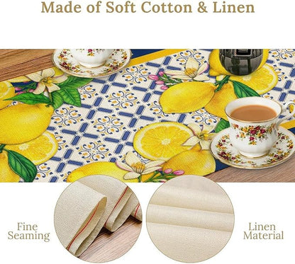 Yellow Lemon Table Runner, Spring Summer Seasonal Blue Tiles Watercolor Lemon Table Runner for Farmhouse Kitchen Indoor Outdoor Party Decor, 13x90inch