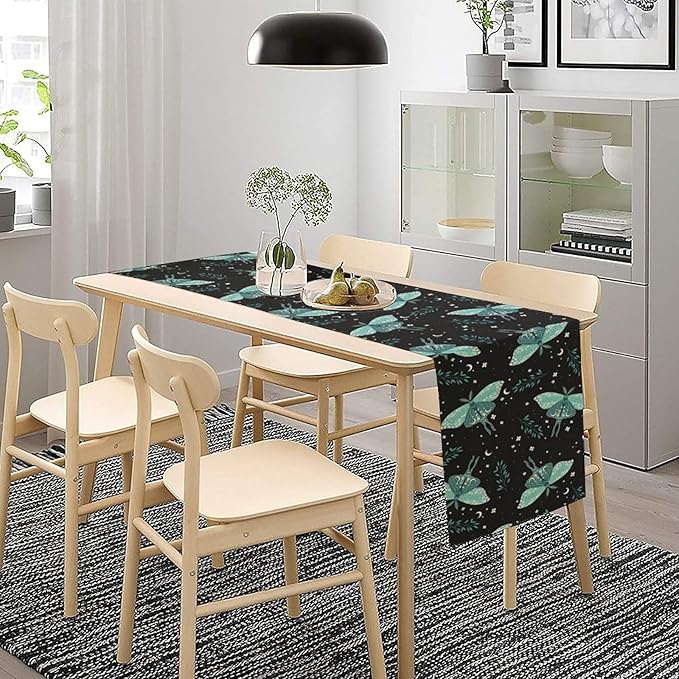 Butterfly Moth Table Runner, Boho Moon Green Leaves Plant Print Table Runner for Farmhouse Kitchen Dining Table Holiday Party Home Decor 13x70in