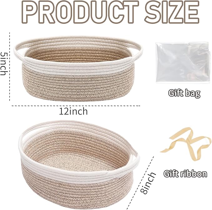 Woven Basket,Small Rope Storage Bin with Handles & Ribbon Bag, Organizer for Shelves Closets,Gift Basket Empty for Birthday,Books,Dog Toys, White&Oatmeal/3 Pack