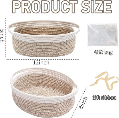 Woven Basket,Small Rope Storage Bin with Handles & Ribbon Bag, Organizer for Shelves Closets,Gift Basket Empty for Birthday,Books,Dog Toys, White&Oatmeal/3 Pack