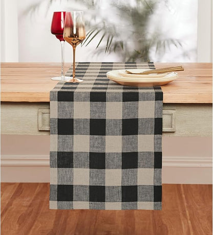 Solino Home Linen Checkered Table Runner 120 Inches Long - 100% Pure Linen Natural and Black Buffalo Check Table Runner 14 x 120 Inch Ideal for Dining, Spring