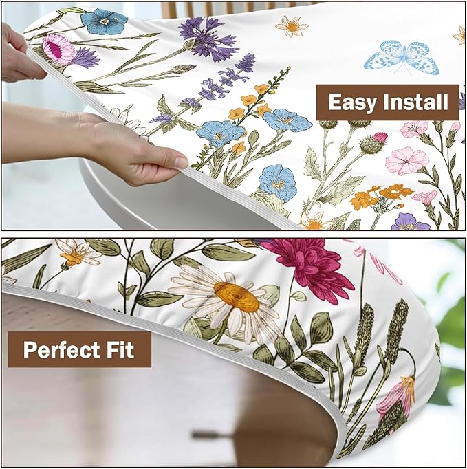 Spring Summer Floral Round Fitted Tablecloth with Elastic Wildflower Butterfly Circle Table Cloth for 48-52" Tables Wipeable Waterproof Farmhouse Easter Flowers Table Cover for Picnic Outdoor Dining
