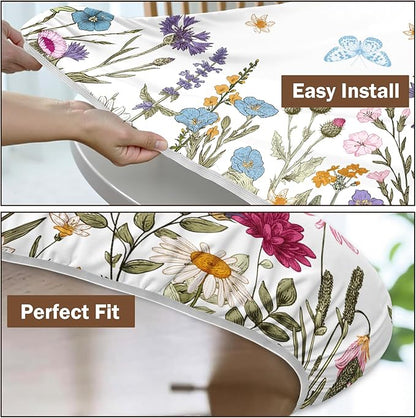 Spring Summer Floral Round Fitted Tablecloth with Elastic Wildflower Butterfly Circle Table Cloth for 36-40" Tables Wipeable Waterproof Farmhouse Easter Flowers Table Cover for Picnic Outdoor Dining