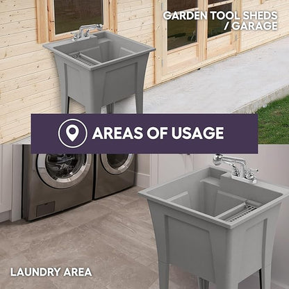Freestanding Utility Sink with Two Handle Chrome Faucet - 24" Plastic Utility Sink for Garage, Laundry, Indoor and Oudoor Use - Laundry Tub Kit by Noah William Home - Grey (19.5 gal)