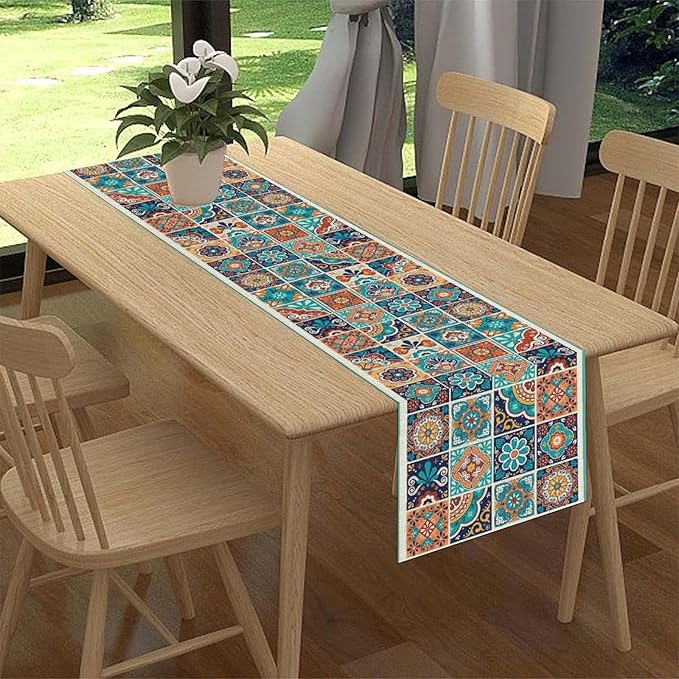 Mexican Table Runner, Blue Rustic Mexico Talavera Ceramic Hand Painted Tiles Cinco De Mayo Coffee Table Center Decor for Family Kitchen and Dining Patio Indoor Outdoor Table Decorations, 13" X 72"