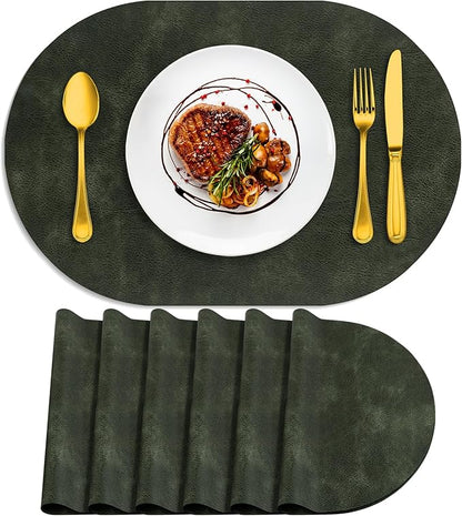 ADRIMER Placemats, Heat Resistant Oval Placemats Set of 6 Washable 12 x 17 Inch, Waterproof Table Mats, Wipeable Pu Place Mats for Kitchen, Dining Room, Olive Green