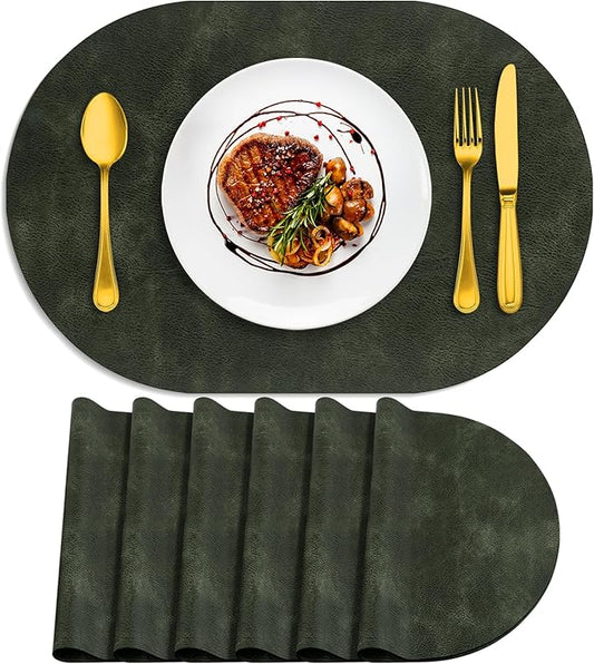 ADRIMER Placemats, Heat Resistant Oval Placemats Set of 6 Washable 12 x 17 Inch, Waterproof Table Mats, Wipeable Pu Place Mats for Kitchen, Dining Room, Olive Green