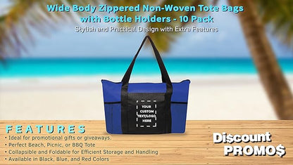 DISCOUNT PROMOS 10 Zippered Non-Woven Tote Bags Set - Customizable Text, Logo - Mesh Pocket, Zippered, Recyclable, Reusable - Blue - 19"X14"X3", with Zipper