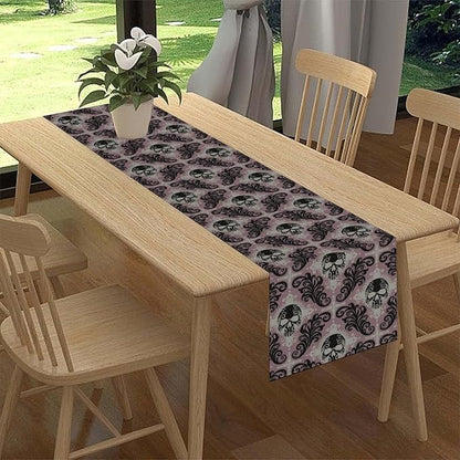 Goth Table Runner, Antique Gothic Damask Skull Baroque Style Floral Halloween Exotic Purple Coffee Vintage Table Center Decor for Kitchen and Dining Outdoor Country Party Table Decorations, 13"x90"