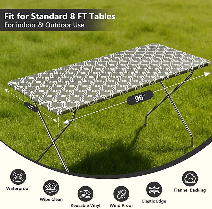 Rectangle Picnic Table Cloth, Elastic Waterproof Fitted Vinyl Tablecloths for 8 Foot Tables, Wipeable Flannel Backed Table Covers for Dining, Camping, Outdoor(Grey,36"x96")