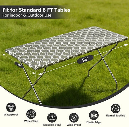 Rectangle Picnic Table Cloth, Elastic Waterproof Fitted Vinyl Tablecloths for 8 Foot Tables, Wipeable Flannel Backed Table Covers for Dining, Camping, Outdoor(Grey,36"x96")
