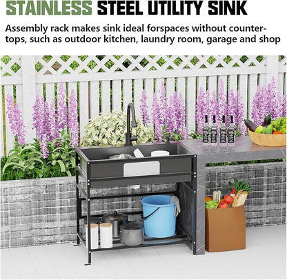 Black 33x19 Inch Freestanding Utility Sink-Stainless Steel Laundry Sink Practicality With Accessories Black Stainless Faucet,Soap Dispenser, SS Sink Grid For Laundry,Garage,Outdoor Kitchen,Garden...