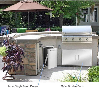 TIANAI 14" Single Pull-Out Trash Drawer Stainless Steel Outdoor Kitchen Trash Drawer Storage for One 10 Gallon Commercial Wastebasket