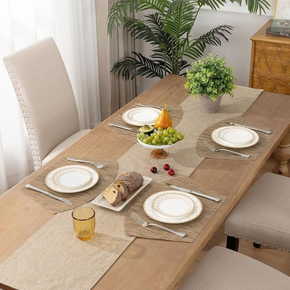 SHACOS Wedge Shape Placemats Set of 4 Woven Vinyl Round Table Placemat Curved Place Mats Wipe Clean Dining Table Mats Home Table Decor (4, Tan)