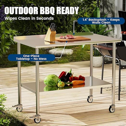 Stainless Steel Work Table with Wheels, 30x60 Inch NSF Food Prep Table with Backsplash & Adjustable Undershelf for Commercial Kitchen, Restaurant, Garage