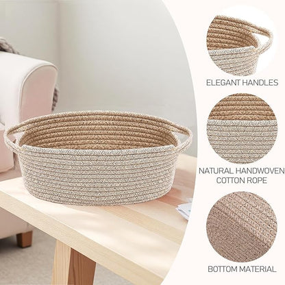 Woven Basket,Small Rope Storage Bin with Handles & Ribbon Bag, Organizer for Shelves Closets,Gift Basket Empty for Birthday,Books,Dog Toys,Oatmeal/3 Pack