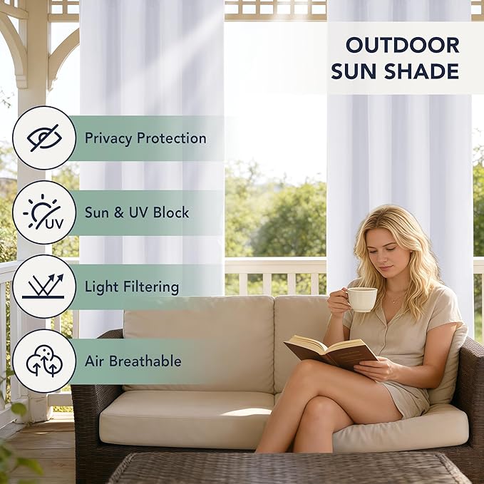 White Outdoor Curtains for Patio Waterproof, 8 Drape Panels | Privacy & - Image 3
