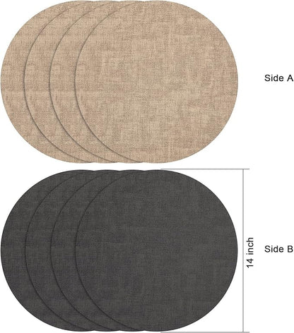 Myir JUN Round Placemats Dual Sided, Faux Leather Place Mats Set of 6 Indoor Placemat for Dining Table Outdoor Place Mat Non-Slip Washable Table Mats (Gray Beige, Set of 6)