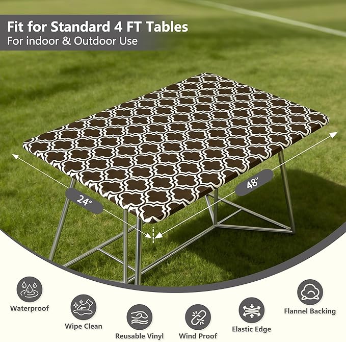 Rectangle Picnic Table Cloth, Elastic Waterproof Fitted Vinyl Tablecloths for 4 Foot Tables, Wipeable Flannel Backed Table Covers for Dining, Camping, Outdoor(Black,24"x48")