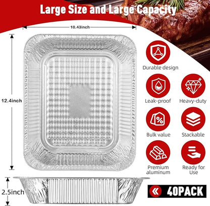 Aluminum Pans Half Size, 9x13, Heavy Duty Disposable Foil Pans for Baking, Roasting, Cooking, Heating, Storing, Deep Tin Foil Bakeware for Oven, Steam Table Tray, Cookware, Food Prepping (40 Pack)