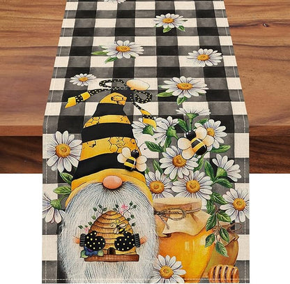 Seliem Spring Bee Gnome Table Runner, Honey Black White Buffalo Plaid Check Home Kitchen Dining Decor, Summer Seasonal Farmhouse Daisy Decorations Indoor Outdoor Anniversary Party Supply 13 x 60 Inch