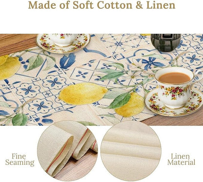 Vintage Lemon Table Runner, Watercolor Yellow Lemons Blue Tiles Spring Summer Seasonal Kitchen Dining Table Decoration for Indoor Outdoor Party, 13x108inch