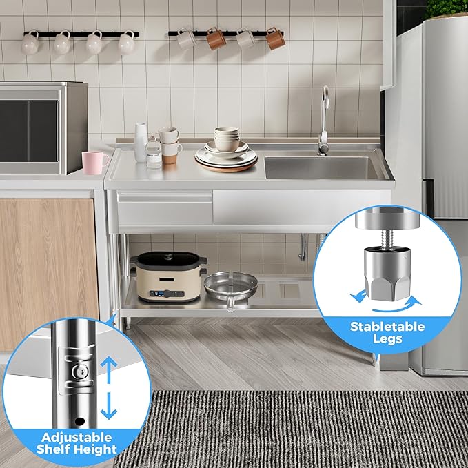 304 Stainless Steel Utility Sink – Free Standing Single Bowl with Workbench, Storage Drawer & Faucet, Hot and Cold Water Pipes for Laundry Room, Farmhouse, Outdoor Use (47")