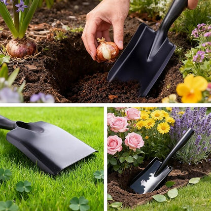 Metal Garden Ash Shovel, Black Steel, Compact Size with Leather Strap, for Fireplace, BBQ, Charcoal Cleanup