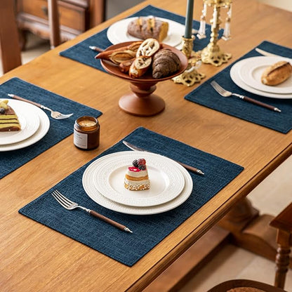 KXN Placemats Set of 8, Dual-Layer Thickened Faux Linen Table Mats, Heat Resistant & Wrinkle-Free, Machine Washable Cloth Place Mats for Kitchen Dining Indoor Outdoor (Navy Blue)