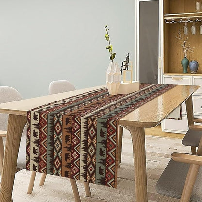 Rustic Bear Table Runner, Cabin Wild Animal Deer Moose Pine Tree Aztec Native Western Farmhouse Hunting Camping Table Runner for Kitchen Dining Home Party 13x108in