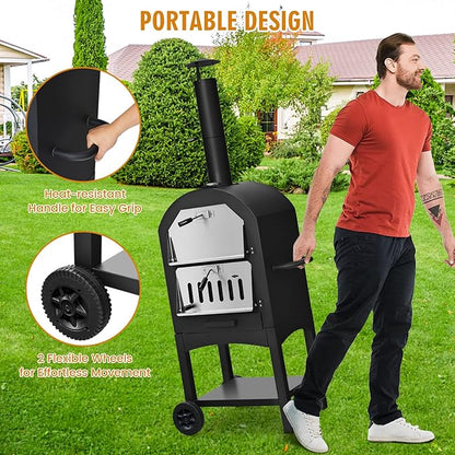 Happygrill Outdoor Pizza Oven Wood Fired, Portable Pizza Maker Grill w/Stone, Peel, Cooking Grids, Built-in Thermometer, Waterproof Cover, Wheels for Barbecue Backyard Camping