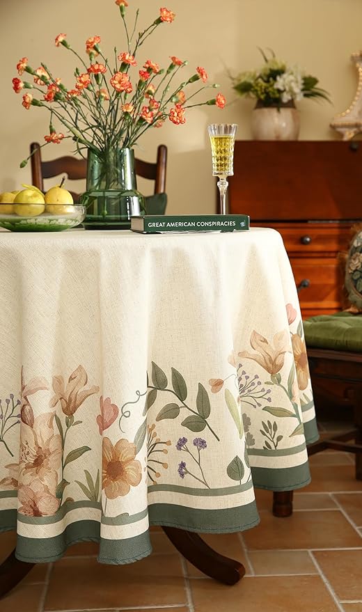 Designer French Round Tablecloth,Vintage Linen Shabby Chic Floral Colorfast Table Cloth,Decorative Table Cover for Kitchen,Dining,Tea Party,Home,Christmas,Diameter 67"-Manolya