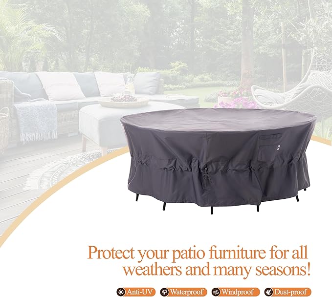 WJ-X3 Ripstop Patio Furniture Cover, 96" D x 31" H, Waterproof, UV Resistant, Anti-Fading Outdoor Cover for Round Dining Table and Chairs Set, Grey