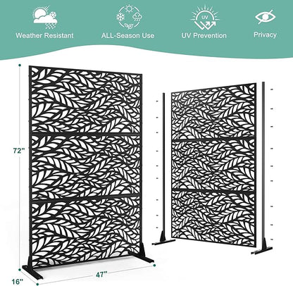 Metal Privacy Screen for Outdoor & Indoor Use, Free Standing Privacy Screen for Patio Garden Pool, 72" H x 47" W Decoative Privacy Panels, Weather Resistant, Easy Assembly (Black Spring Leaf)