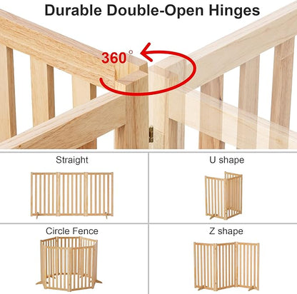36" Height Extra Tall Freestanding Pet Gate, Solid Wood Folding Safety Fence Wooden Dog Gate with 2 PCs Support Feet Ideal for Stairs, Doorways, Halls, Kitchens, Heavy Duty Gates, 3 Panels, Oak