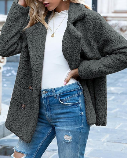 Women's Winter Warm Plush Cardigan Fuzzy Fleece Lapel Jacket with Buttons Pockets Long Sleeve Casual Outerwear