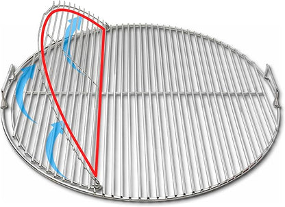 SnS Grills Slow ‘N Sear EasySpin Charcoal Grill Cooking Grate - Compatible with Weber and Other Grills, 2-Zone Stainless Steel Hinged Replacement - Tailgating & Backyard Cooking - 24” Inches