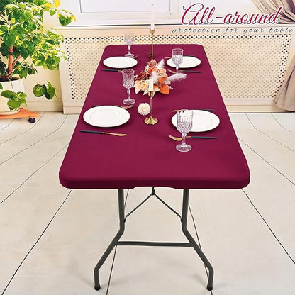 10 Pack Stretch Fabric Table Top Cap Cover, Wine Red Table Covers fits 8Ft Tables, Washable Elastic Universal Rectangle Tablecloth Protector for Indoor Outdoor Party Picnic Wedding (30" W x 96" L)
