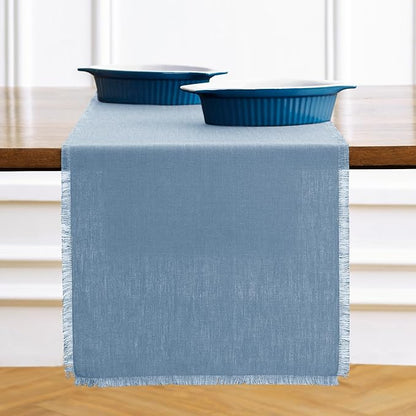 Solino Home Fringe Linen Table Runner 48 Inches - 100% Pure Linen Dusty Chambray Blue Table Runner 14 x 48 Inch Ideal for Dresser and Coffee Tables - Winter, Spring, Easter