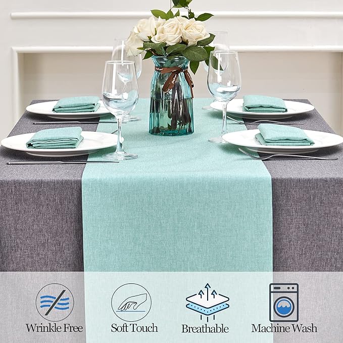 Mebakuk Linen Farmhouse Table Runner Large Burlap Style Soft and Waterproof Decorative Fabric Runner for Outdoor Wedding and Dinner (14 x 144 Inch, Turquoise Blue)