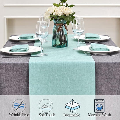 Mebakuk Linen Farmhouse Table Runner Large Burlap Style Soft and Waterproof Decorative Fabric Runner for Outdoor Wedding and Dinner (14 x 132 Inch, Turquoise Blue)