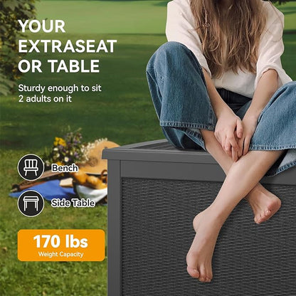 KAMABOKO 260 Gallon Outdoor Storage Box, Resin Deck Boxes Indoor and outdoor, Waterproof Storage Box Lockable Lid for Garden Tools, Package Delivery, Patio Cushions, Black