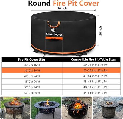 [Upgraded 1000D Heavy Duty Fabric] 36” Fire Pit Cover Round for 33”- 36” Fire Pit/Tables, Waterproof Tear & Fade Resistant Firepit Cover with Buckle, Handle, Drawstring, Air Vent (36”D x 20”H,Black)