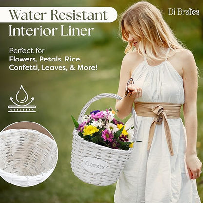 Flower Girl Basket (Set of 2) | Handcrafted Natural Wicker Flower Baskets for Flower Girl - Premium Wedding Basket with Water Resistant Liner - Perfect for Weddings, Parties & Home Décor