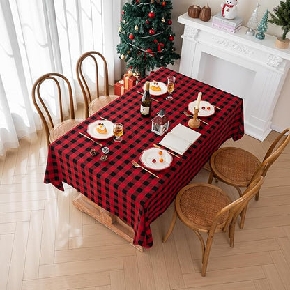 Christmas Gingham Tablecloth Heavy Duty Cotton Blend Red 60x60 inch Plaid Christmas Table Cloth Reusable Waterproof Foldable Tablecloths Xmas Table Cover for New Year Party Decor