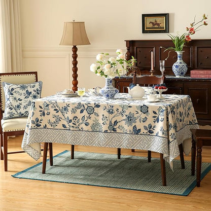 Vintage Blue and White Extra Long Rectangle Tablecloth,French Linen Floral Wrinkle Free Tablecloths,Decor Table Cover for Kitchen,Dining,Party,Thanksgiving,Christmas,63"*110"-Suqing