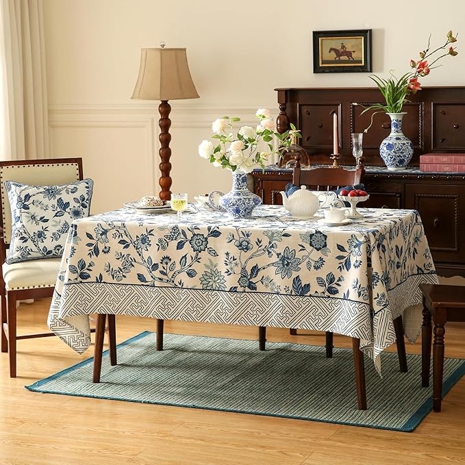 Vintage Blue and White Small Rectangle Tablecloth,French Linen Floral Wrinkle Free Tablecloths,Decorative Table Cover for Kitchen,Dining,Party,Thanksgiving,Christmas,55"*71"-Suqing
