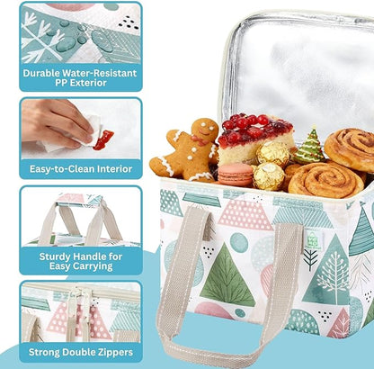 VENO 2 Pack Christmas Insulated Lunch Bag, Heavy Duty Insulated Grocery Bags, Small Cooler with Water-Resistant PP Exterior for Work, Picnic, Travel, Easy-Clean (Pastel Forest, 2 Pack)